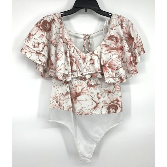 Lulus Bodysuit White Floral Print Ruffle Short Sleeve Tie Back - Picture 5 of 15